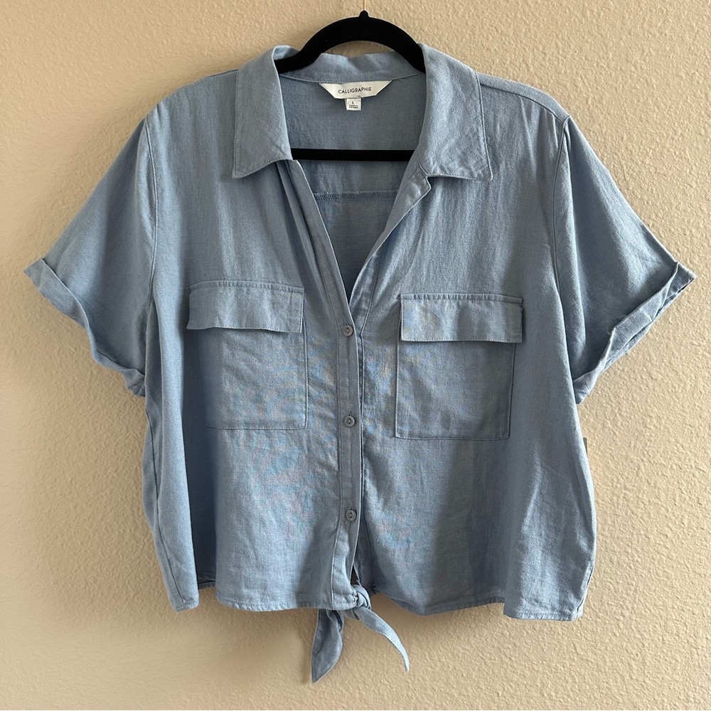 Calligraphie Linen Button Down Tie Front Top